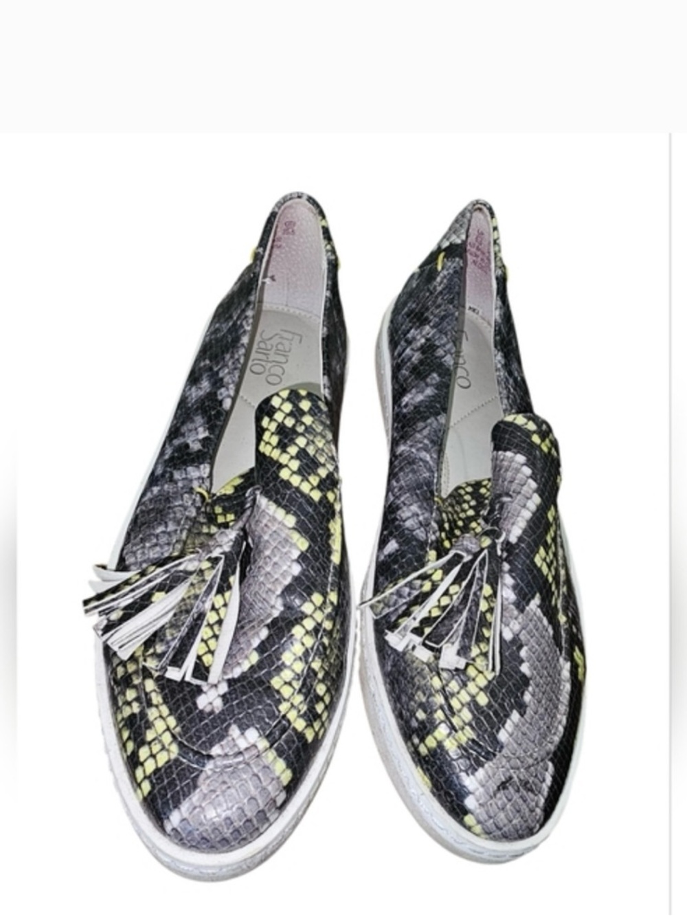Franco Sarto Black, Gray & Yellow Snake-Print Tassel Loafers